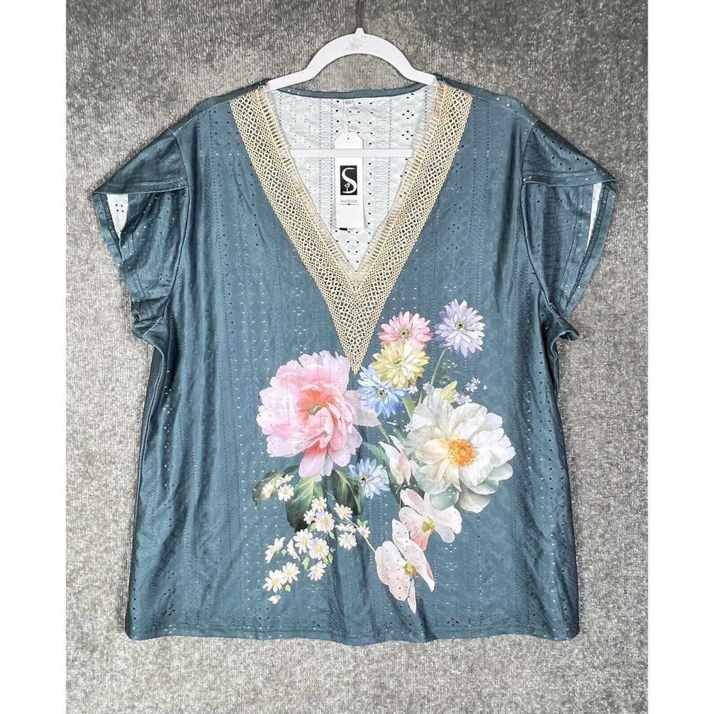 Saukole V-Neck Floral Perforated Embroidered Cap Sleeve Top Womens XXL Teal‎ NWT